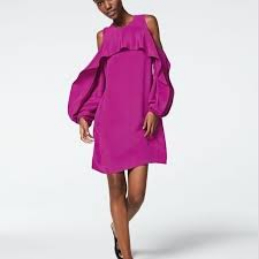 Kobi Halperin Dress 100% Silk Pink Cold-Shoulder Long bishop sleeves Size M